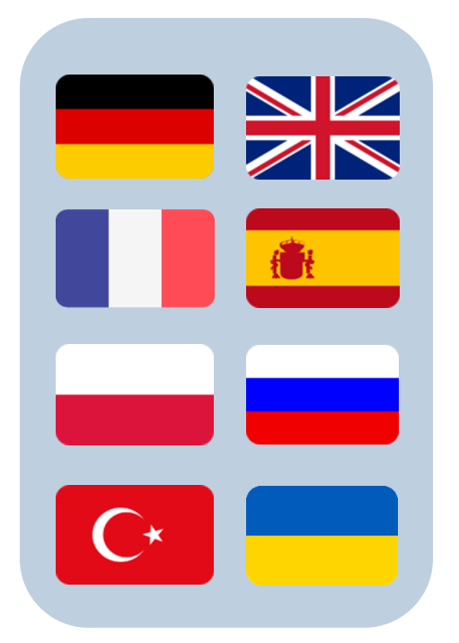 Flaggen der unterstützen Sprachen (Deutsch,Englisch,Französisch,Spanisch,Polnisch,Russisch,Türkisch,Ukrainisch)